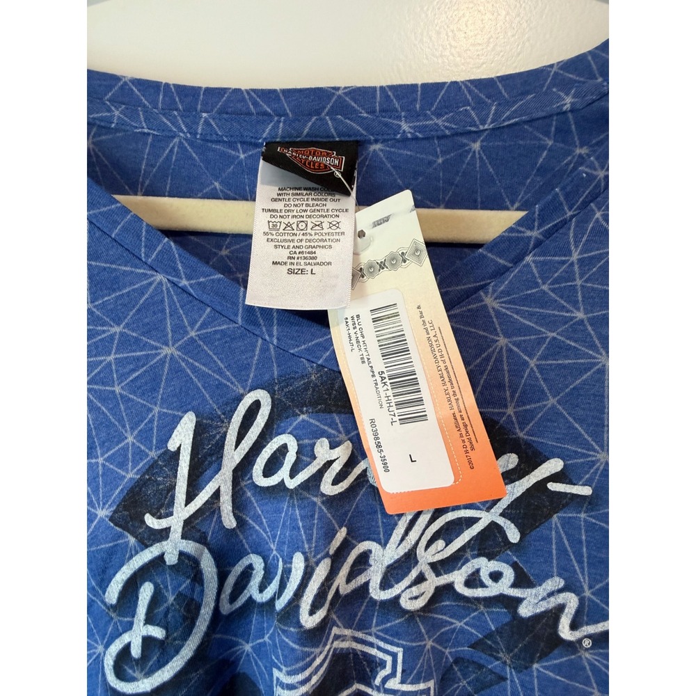 Harley Davidson Womens Large Blue Geometric V-Neck T-Shirt El Paso Texas NWT - Picture 2 of 3
